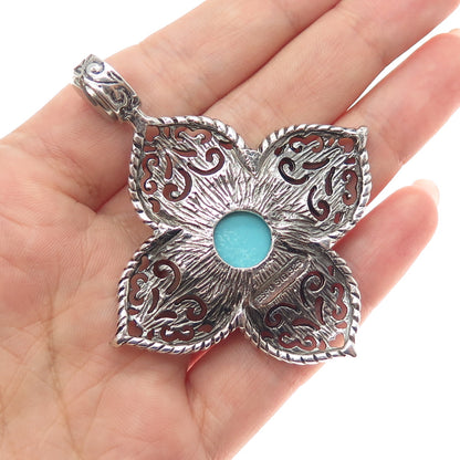 ESPO SIG Joseph Esposito Sterling Vintage Turquoise Flower Magnetic Snap Pendant
