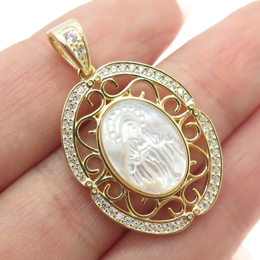 925 Sterling Silver Gold Plated Mother-of-Pearl & C Z Religious Theme Pendant