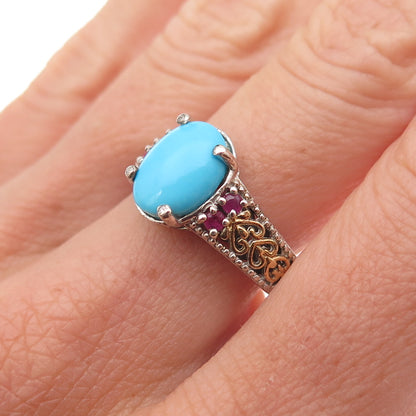 Chuck Clemency 925 Sterling Silver 2-Tone Real Turquoise & Ruby Ring Size 8.25