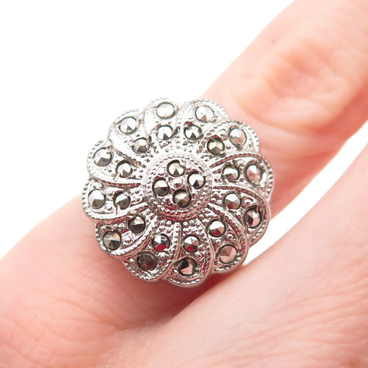 THEDA 925 Sterling Silver Antique Art Deco Real Marcasite Floral Ring Size 3.75