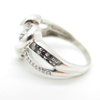 925 Sterling Silver Real Round-Cut Black & White Diamond Heart Ring Size 6