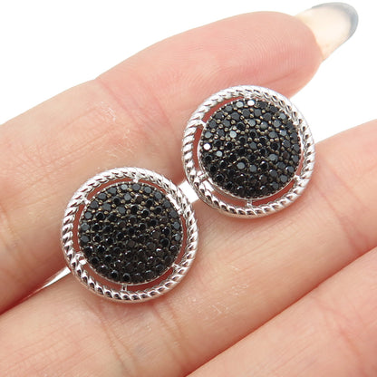 925 Sterling Silver Round-Cut Black C Z Round Roped Earrings