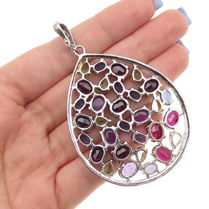 925 Sterling Silver Real Amethyst Iolite & Peridot Cluster Teardrop Pendant