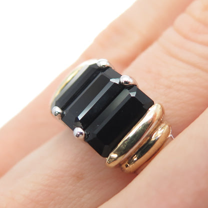 CNA PRANDA 925 Sterling Silver 2-Tone Vintage Real Black Onyx Ring Size 7.25