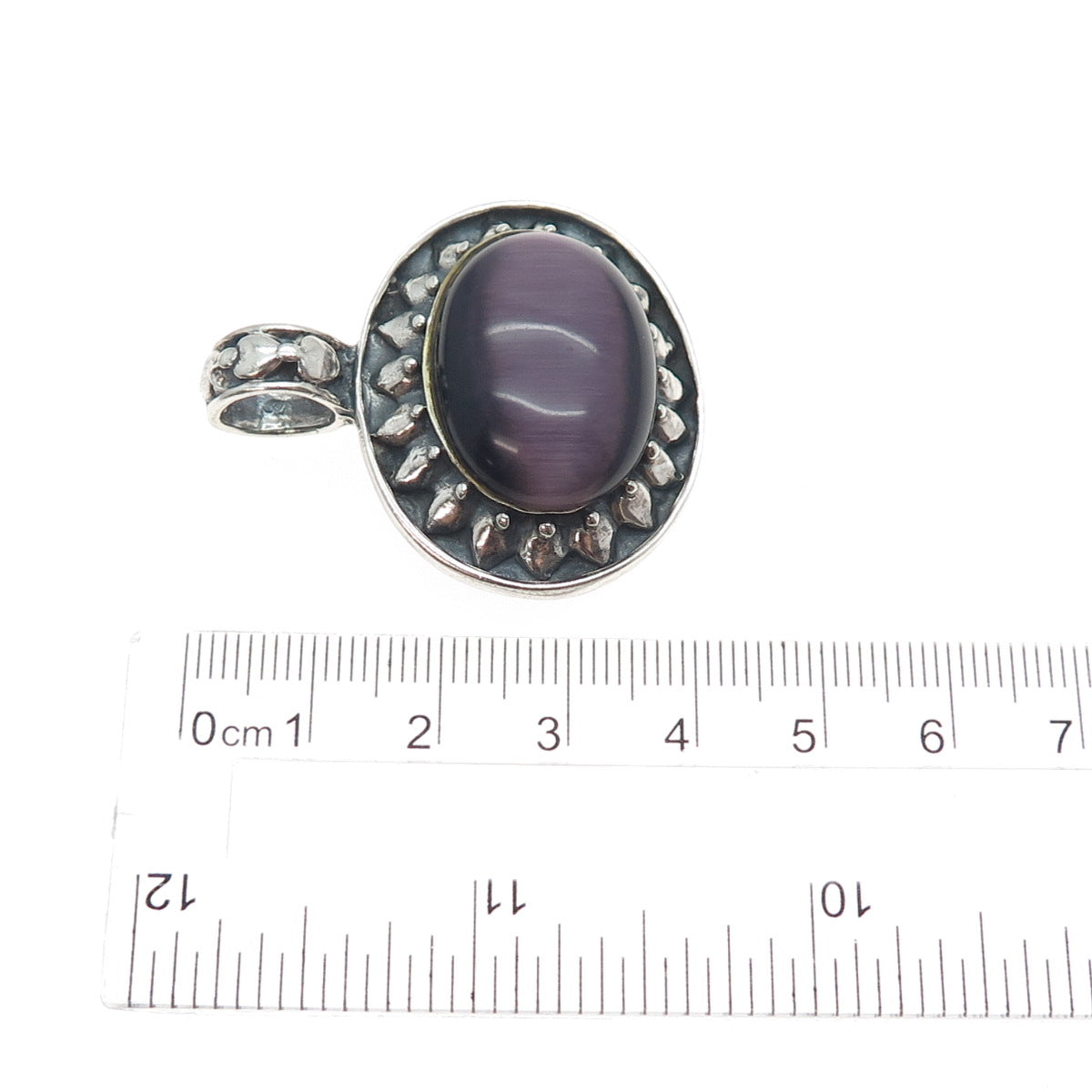 925 Sterling Silver Vintage Real Cabochon Purple Tiger Eye Sun Oxidized Pendant