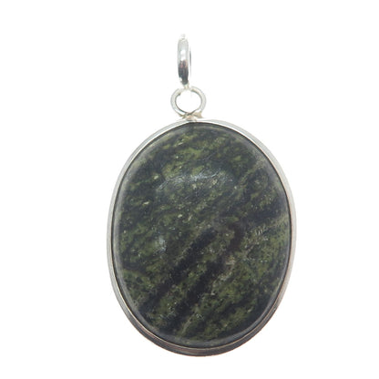 925 Sterling Silver Vintage Real Green Picture Jasper Gemstone Oval Pendant