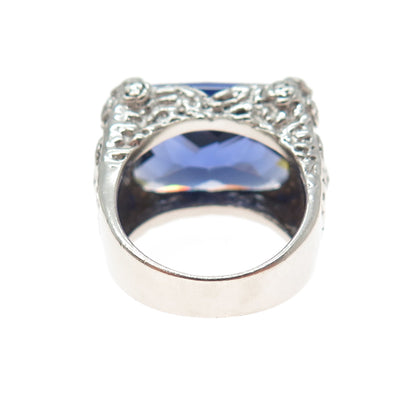 925 Sterling Silver Vintage Blue C Z Rose Flower Ring Size 7.25