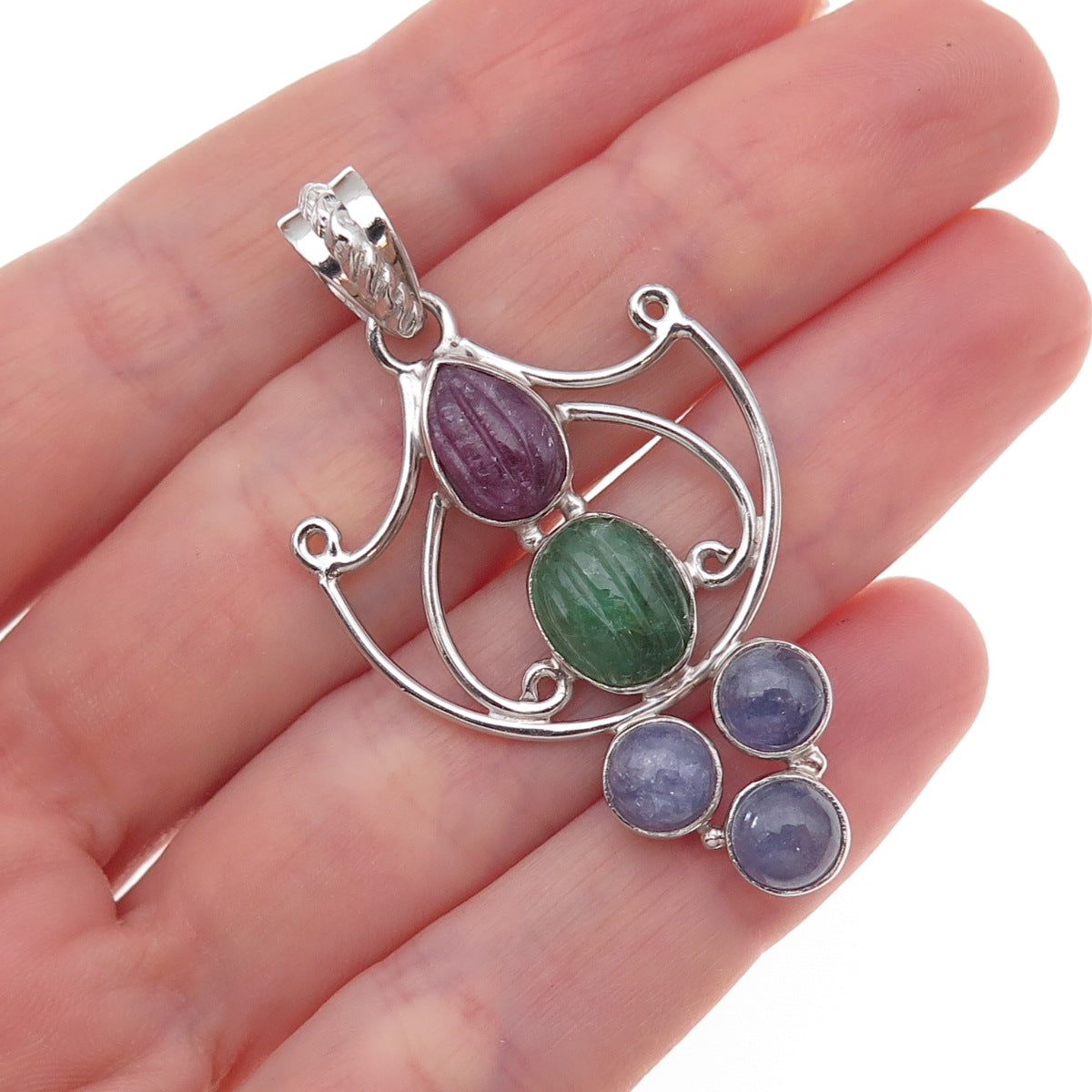 925 Sterling Silver Vintage Real Ruby Emerald & Tanzanite Modernist Pendant