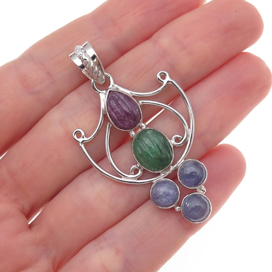 925 Sterling Silver Vintage Real Ruby Emerald & Tanzanite Modernist Pendant