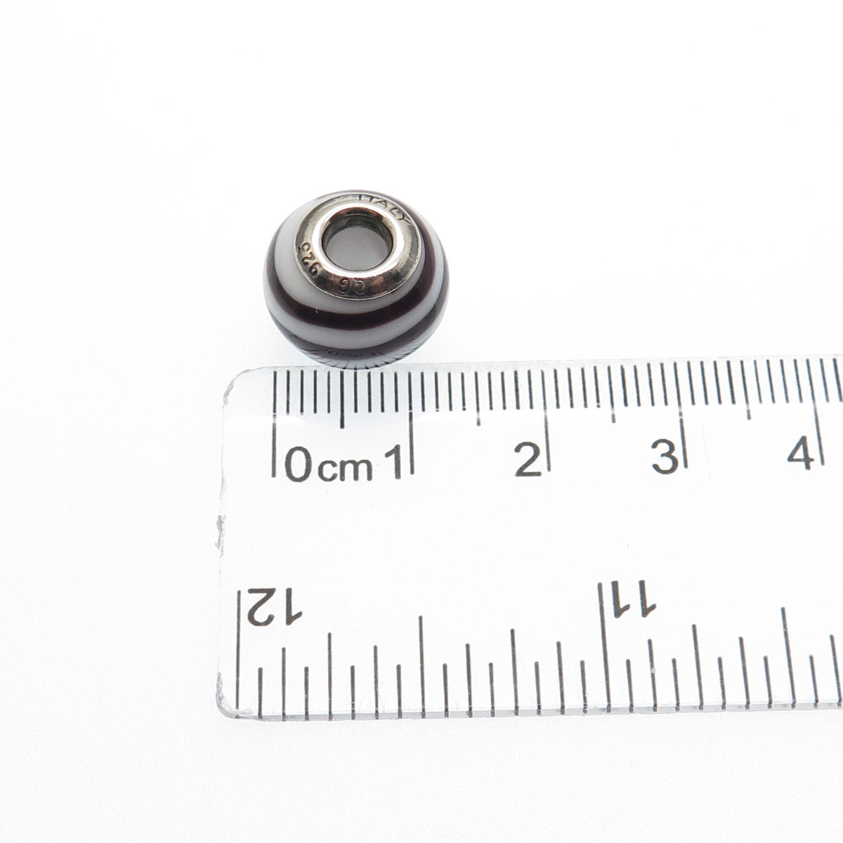 925 Sterling Silver QG Italy Chocolate & White Murano Glass Bead Charm