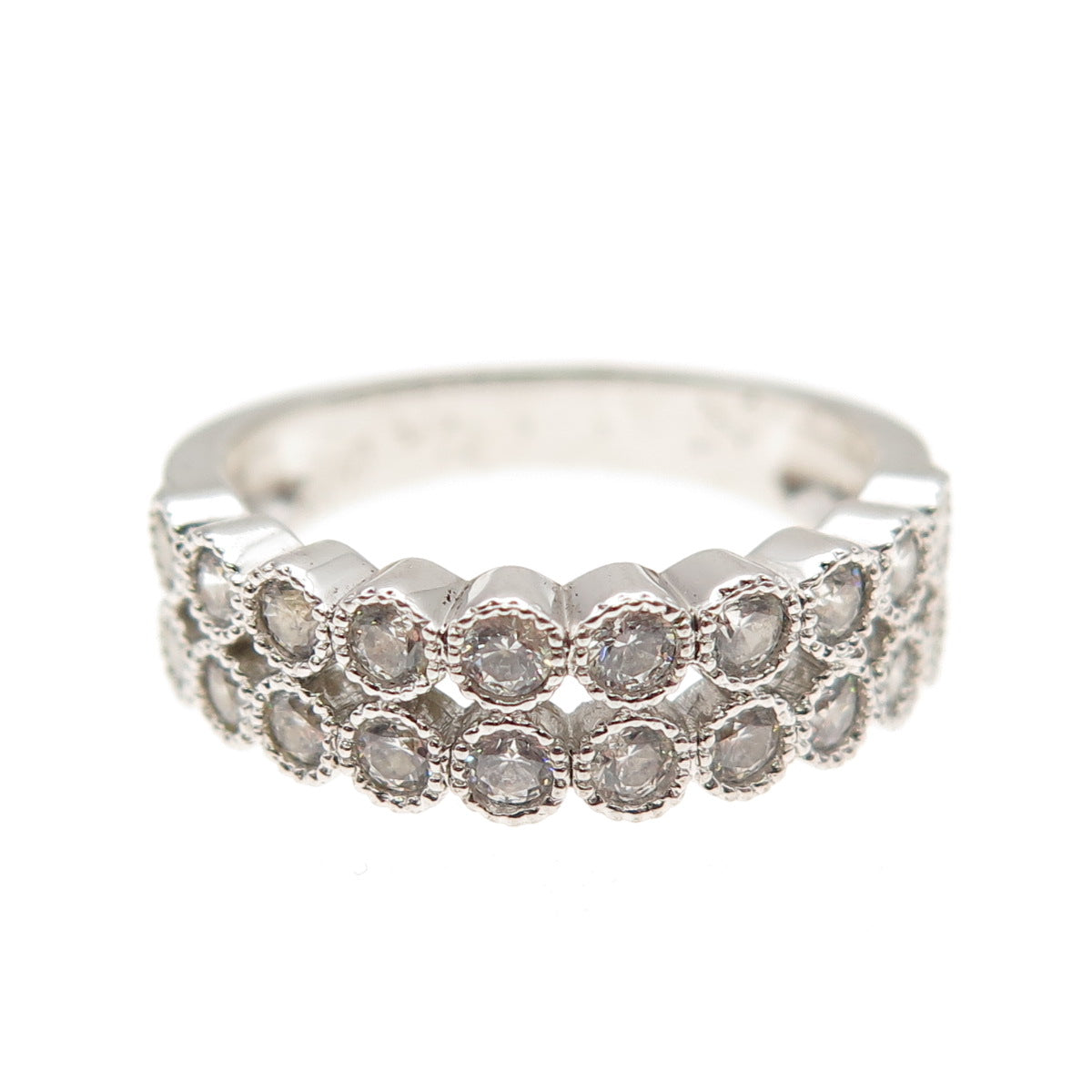 925 Sterling Silver Round-Cut C Z 2-Row Ring Size 6