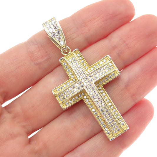 925 Sterling Silver Gold Plated Round-Cut C Z Sparkle Cross Pendant