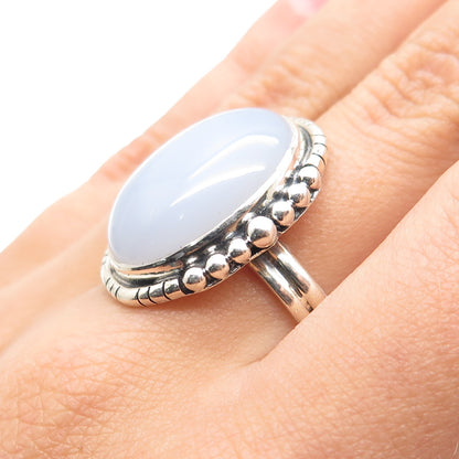 925 Sterling Silver Vintage Real Cabochon Chalcedony Beaded Ring Size 10