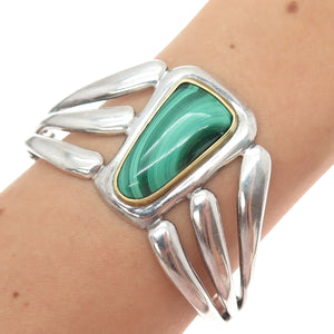 ALICIA Sterling Vintage Mexico Real Malachite Modernist Heavy 57.8g Bracelet 7"