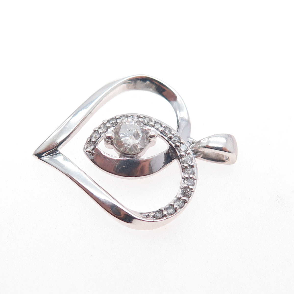 925 Sterling Silver Real Round-Cut Diamond Heart Charm Pendant