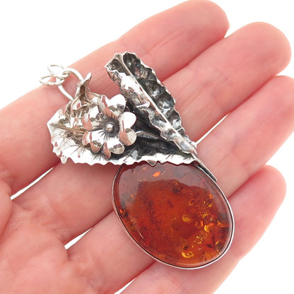 925 Sterling Silver Vintage Real Amber Modernist Floral Oxidized Slide Pendant