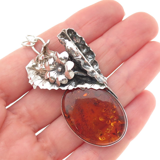 925 Sterling Silver Vintage Real Amber Modernist Floral Oxidized Slide Pendant