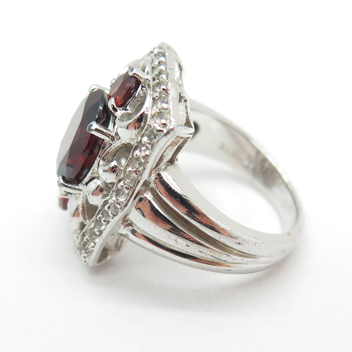 925 Sterling Silver Real White Topaz & Red Garnet Gemstone Ornate Ring Size 6.25