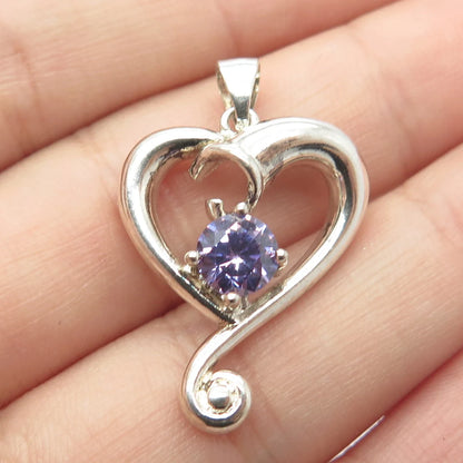 925 Sterling Silver Vintage Lavender C Z Open Heart Pendant
