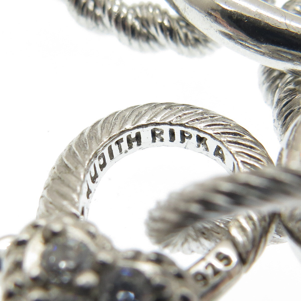 JUDITH RIPKA Sterling Silver C Z Letter "S" Heart Tag Oval Link Bracelet 7.75"
