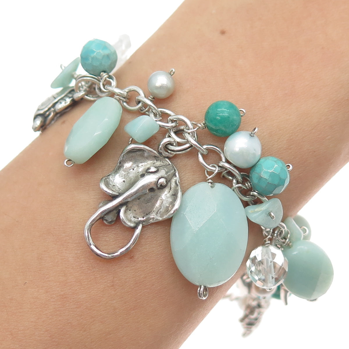 SAJEN & SUNWEST 925 Sterling Silver Vintage Real Multi-Gem Sea Life Bracelet 7"