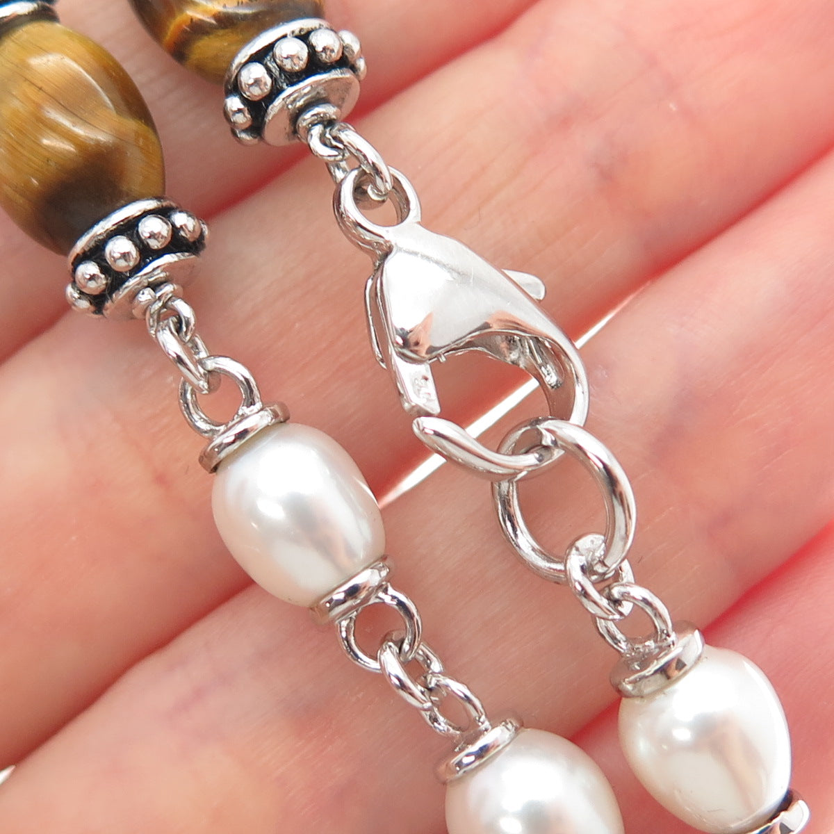 925 Sterling Silver Real Pearl & Tiger Eye Beaded Chain Necklace 16"