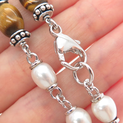 925 Sterling Silver Real Pearl & Tiger Eye Beaded Chain Necklace 16"