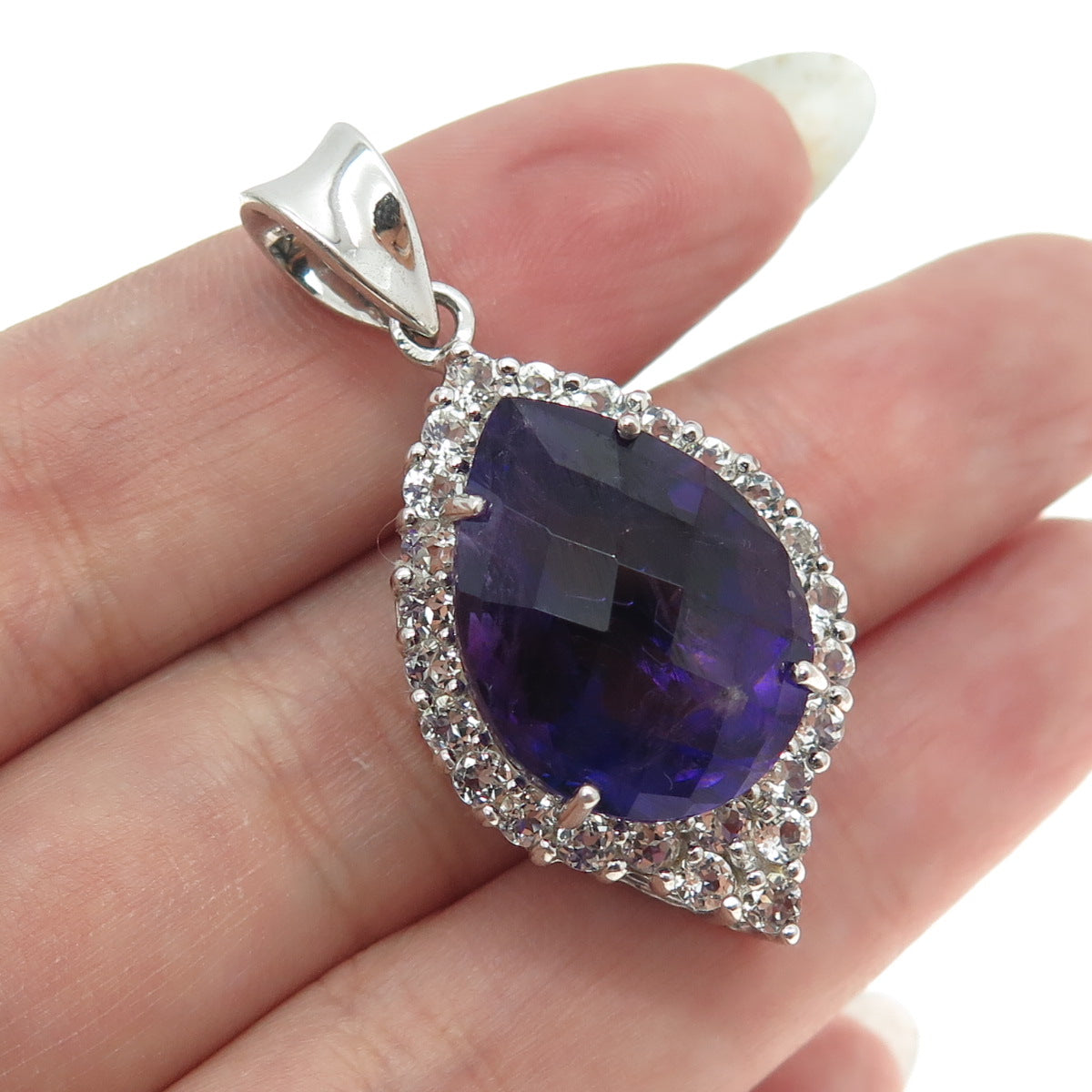 925 Sterling Silver Real Pear-Cut Amethyst & Round-Cut White Topaz Pendant