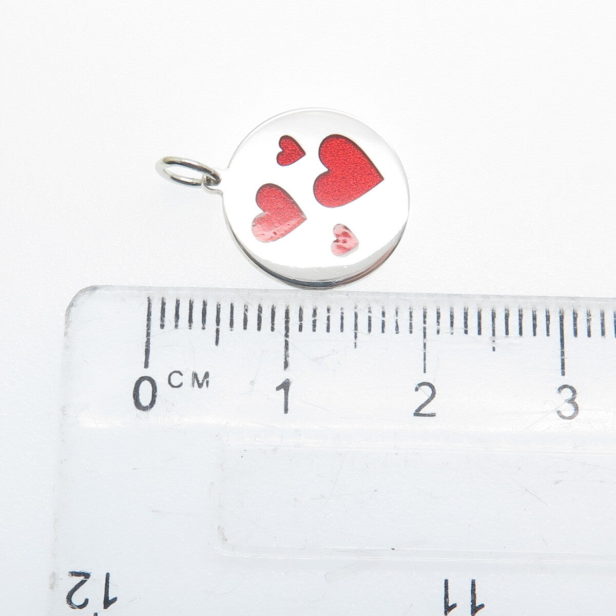 925 Sterling Silver Red Enamel Family Hearts Round Tag Minimalist Charm Pendant