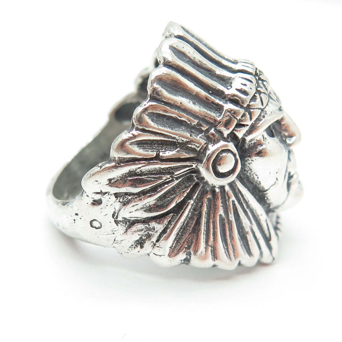 925 Sterling Silver Vintage Indian Chief Tribal Wide Ring Size 7.75