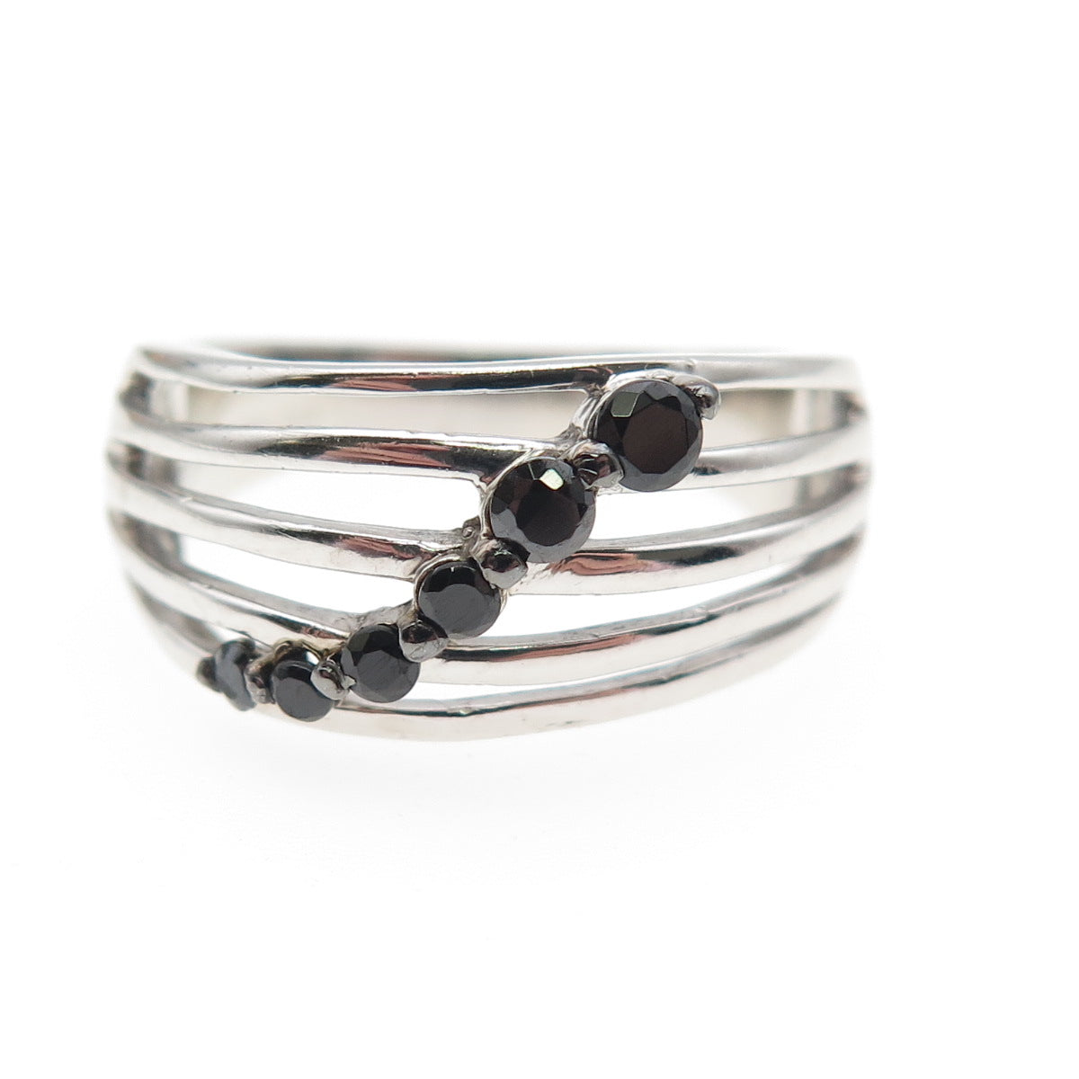 925 Sterling Silver Real Round-Cut Black Spinel Multi-Row Ring Size 7.5
