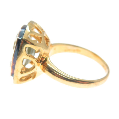 925 Sterling Silver Gold Plated Real Diamond & Green Amethyst Ring Size 6.75