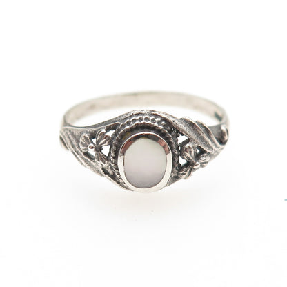 925 Sterling Silver Vintage Real MOP Flower Blossom Oxidized Ring Size 8.75