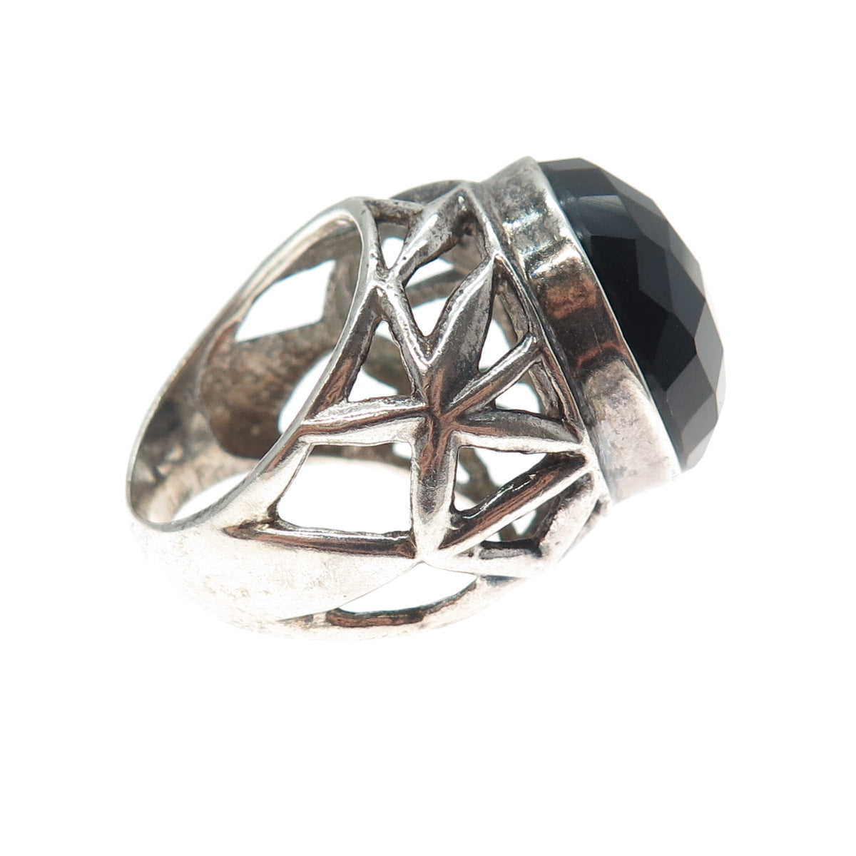 925 Sterling Silver Vintage Real Black Spinel Modernist Oxidized Ring Size 7.25