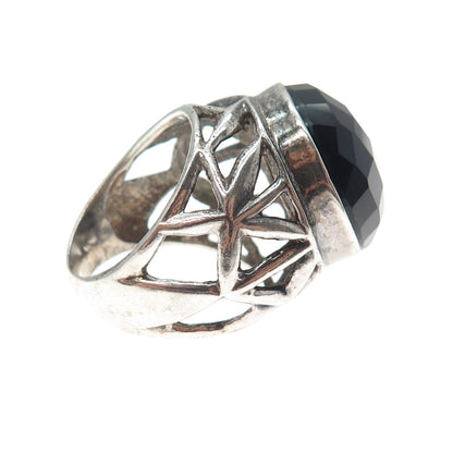 925 Sterling Silver Vintage Real Black Spinel Modernist Oxidized Ring Size 7.25