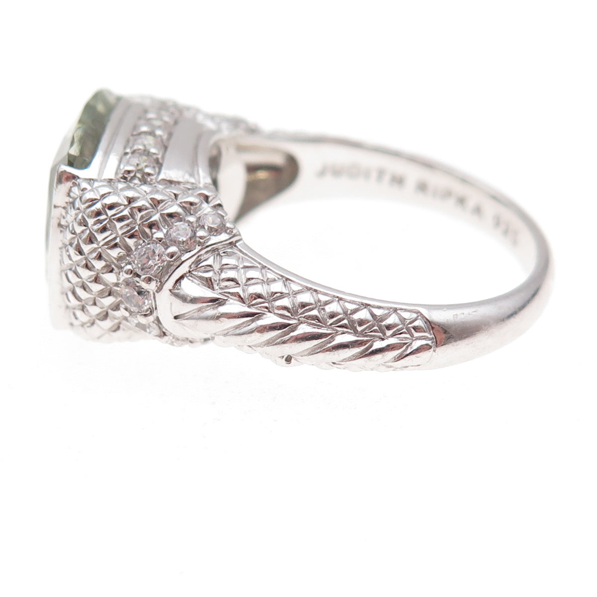 Judith Ripka 925 Sterling Silver Real Green Amethyst & C Z Ring Size 9.25