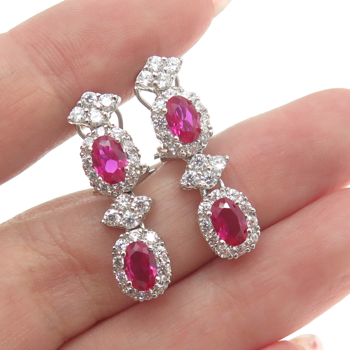 925 Sterling Silver Lab-Created Pink Sapphire & C Z Omega Back Earrings