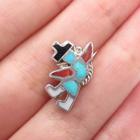 Old Pawn Sterling Silver Vintage Turquoise Coral Onyx MOP Kachina Doll Lapel Pin