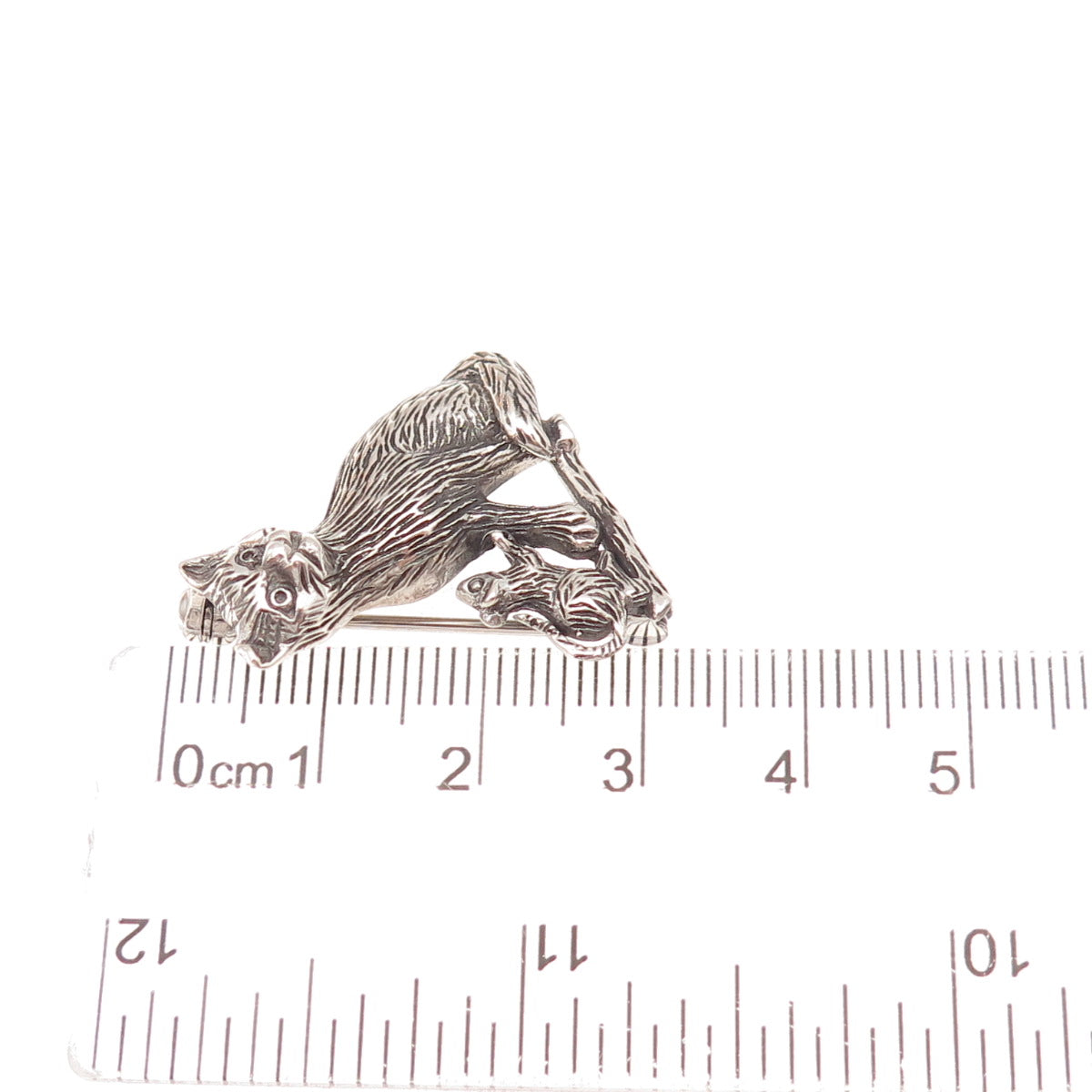 925 Sterling Silver Vintage Cat & Mouse Oxidized Pin Brooch