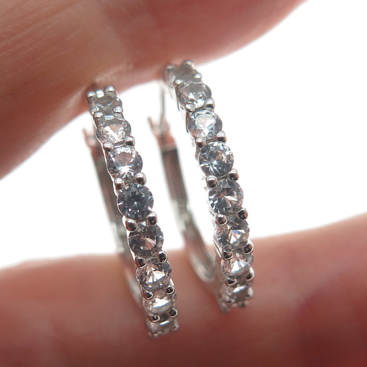 925 Sterling Silver Round-Cut Shaped C Z Hinged Hoop Earrings