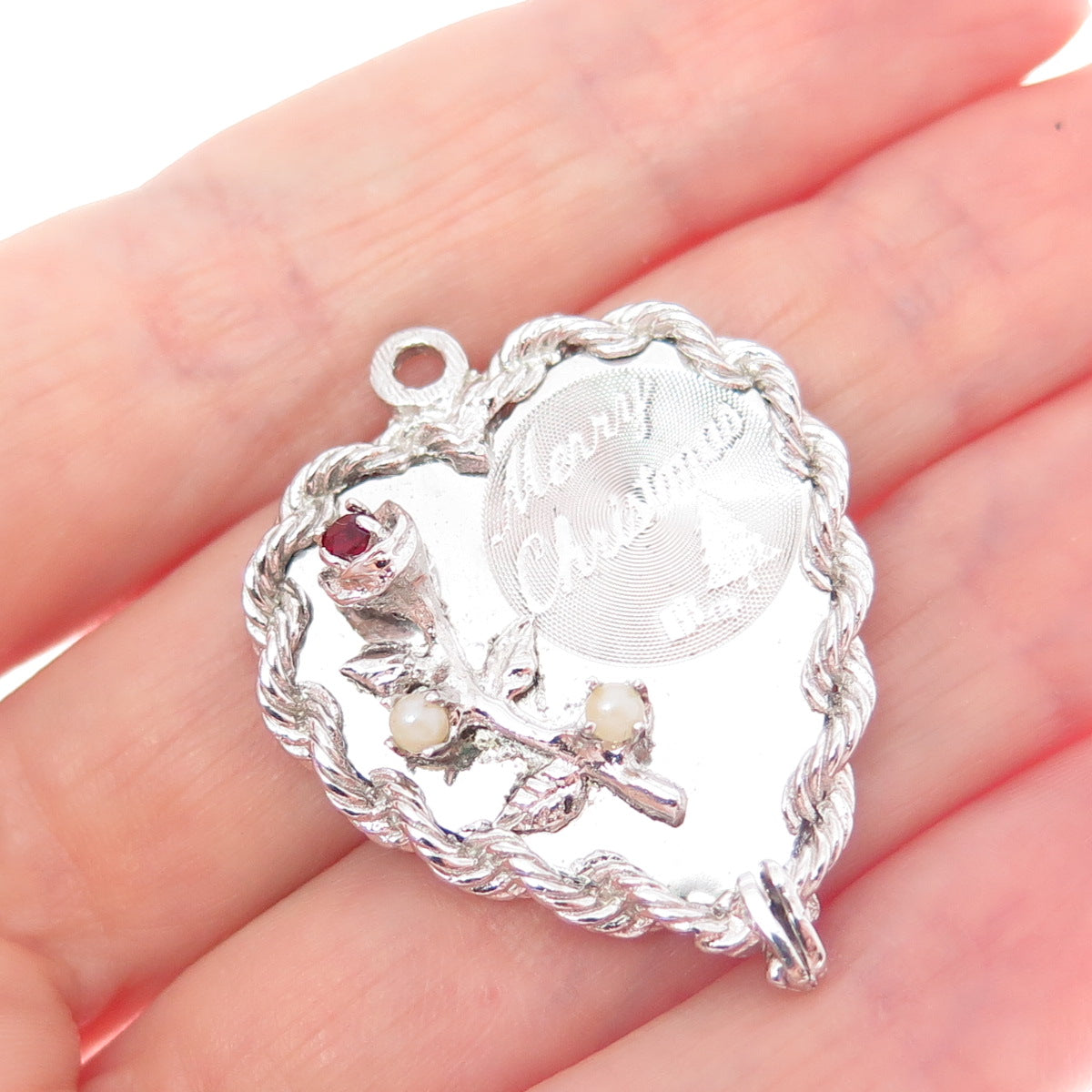 925 Sterling Silver Vintage Real Red Garnet Pearl Merry Christmas Heart Pendant