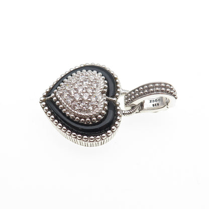 JUDITH RIPKA 925 Sterling Silver Real Black Onyx & C Z Heart Charm Pendant
