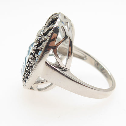 925 Sterling Silver Real Oval-Cut Blue Topaz Sunrise Oxidized Ring Size 7