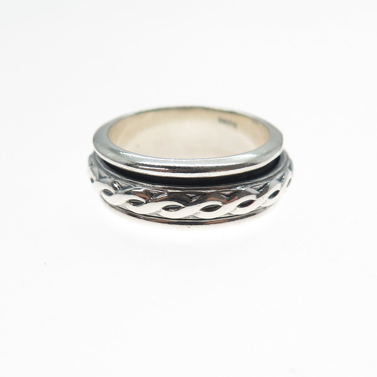 925 Sterling Silver Vintage Mexico Braided Rotating Band Oxidized Ring Size 7.25