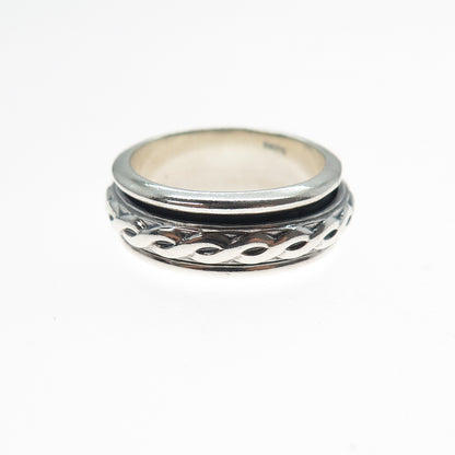 925 Sterling Silver Vintage Mexico Braided Rotating Band Oxidized Ring Size 7.25