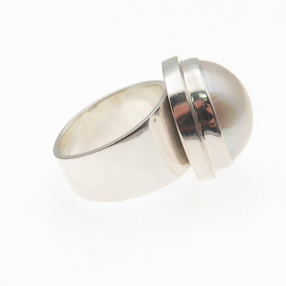 925 Sterling Silver Vintage Real Pearl Modernist Oxidized Ring Size 6.25