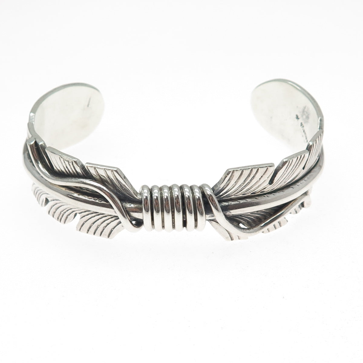 MIKE THOMAS JR NAVAJO Old Pawn Sterling Silver Feather Adjustable Bracelet 6.75"