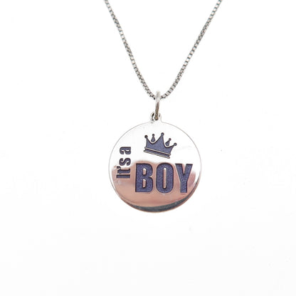 925 Sterling Silver Enamel It's A Boy Box Chain Necklace 18"