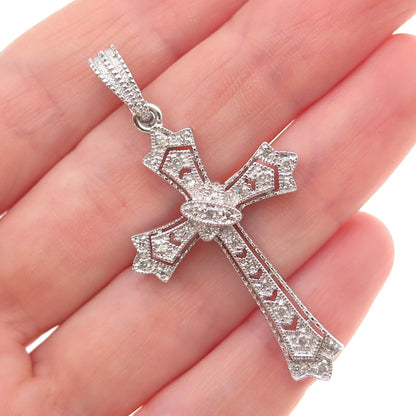 925 Sterling Silver Real Round-Cut Diamond Cross Charm Pendant