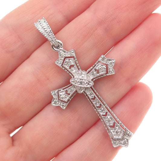 925 Sterling Silver Real Round-Cut Diamond Cross Charm Pendant